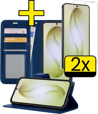 Hoesje - Met 2x Screenprotector - Geschikt voor Samsung Galaxy S26 - Luxe Pasjeshouder - Bookcase Portemonee - Flip Case - Kunstleer Book Case - Flipcase Hoes - Book Cover - Walletcase - Portemonneehoes - Telefoonhoesjes - Donkerblauw