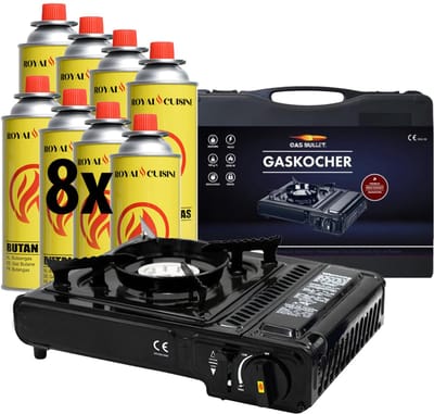 BlockTravel camping gasstel - Gasstelletje noodpakket - Gasbrander - Camping gas kooktoestel - Gas Stove - Gaspit - Gasfornuis - Gasstel - Cooker - Kamperen - incl. 8 Butaan Gasbussen en draagkoffer