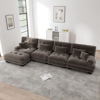 MODFU Modulaire Hoekbank - Verplaatsbare Ottoman - Diepe Zit - Vintage - Voor Woonkamer - Chenille - Bruin