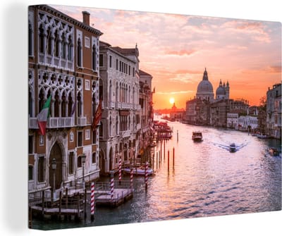 Canvas schilderij 140x90 cm - Wanddecoratie Boot - Water - Zon - Venetië - Muurdecoratie woonkamer - Slaapkamer decoratie - Kamer accessoires - Schilderijen