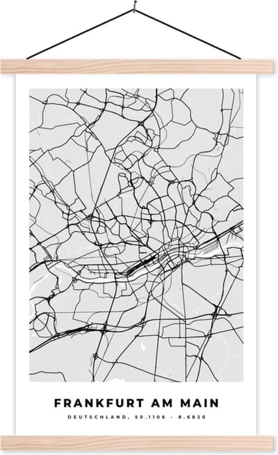 Posterhanger incl. Poster 40x60 cm - Schoolplaat - Frankfurt Am Main - Kaart - Stadskaart - Plattegrond - Duitsland - Textielposter - Blanke latten - Stadskaart