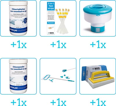 Zwembad Onderhoudspakket - Onderhoud Zwembad - bevat Chloor - Testrips - Chloordrijver - Chloor - Schoonmaakset en Scrubborstel (6-delig)