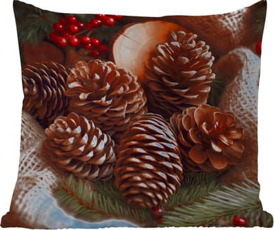 Sierkussen Buiten - Dennenappels - Boom - Winter - Natuur - Bruin - 60x60 cm - Weerbestendig