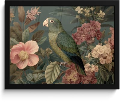 Poster in lijst - Fotolijst 40x30 cm - Posters - Groene papegaai - Kleurrijke bloemen - Donkere achtergrond - Posterlijst zwart - Decoratie - Wanddecoratie woonkamer - Muurdecoratie slaapkamer