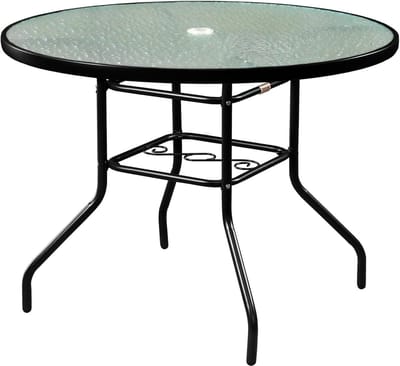 Eettafel Buiten - Tuinmeubel Ronde Tafel - Buiten Dineren - Watergolf Glasplaat - 102 cm Diameter - Zwart