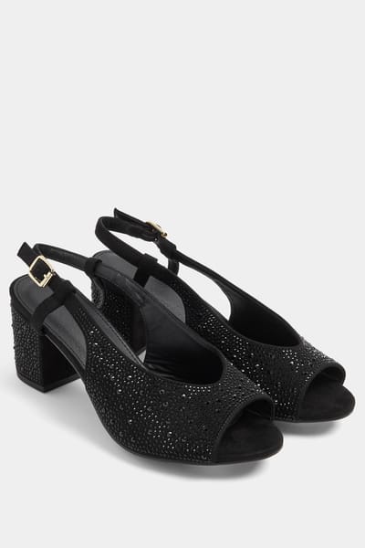 Yours Zwarte Diamanten Open Teen Slingback Blokhak In Brede Epasvormsize 37E