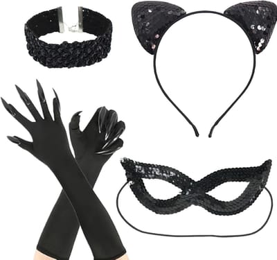 Catwoman kledingaccessoireset voor volwassenen - 4-delige set met kattenoren, masker, halsband en handschoenen voor Halloween en kostuumfeesten