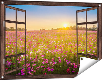 Gards Tuinposter Doorkijk Bloemenveld met Roze Kosmos - 90x60 cm - Tuindoek - Tuindecoratie - Wanddecoratie buiten - Tuinschilderij