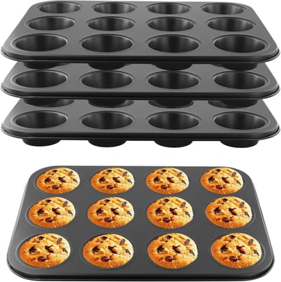 Set van 4 Muffinvormen voor 12 Cupcakes - Antiaanbaklaag, Carbonstaal, Ideaal voor Yorkshire Pudding en Bakmallen