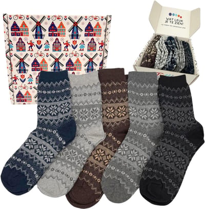 Tutti Footi - Warme Winter Sokken set 'Grár' 5 paar - maat 39-42 - Noors Patroon - Zwart/Grijs/Bruin met Wol
