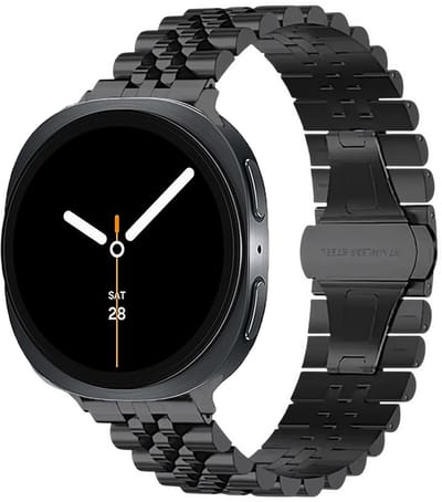 Stravo 5-rij schakels metalen bandje – Geschikt voor Samsung Galaxy Watch 9 (40/44mm) / Watch 8 (40/44mm) / 8 Classic (46mm) – Premium RVS horlogeband met vlindersluiting – inclusief inkortset (Zwart)