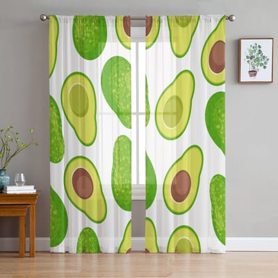 Avocado Cartoon Groene Vrucht Transparante Gordijnen voor Woonkamerdecoratie Raamgordijnen voor Keuken Tule Voile Organza Gordijnen W135 x H160cm x1