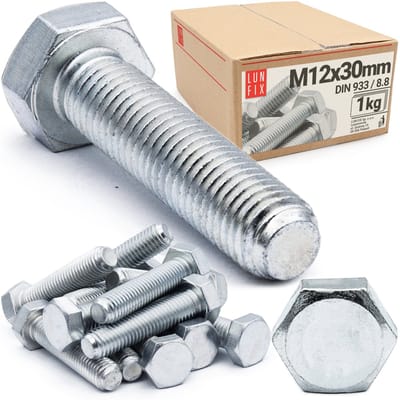 LUN FIX - Zeskantschroeven M 12 x 30 - 1 kg (ca. 26 stuks) - DIN 933 Volledige schroefdraad - verzinkt staal