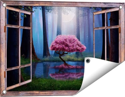 Gards Tuinposter Doorkijk Roze Boom op een Vijver in de Nacht - 60x40 cm - Tuindoek - Tuindecoratie - Wanddecoratie buiten - Tuinschilderij