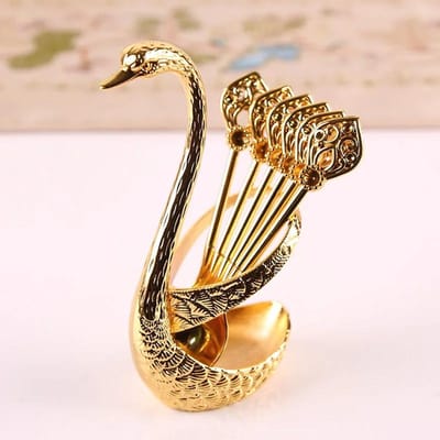 Ensemble de couverts créatifs en métal 7 pièces Décoration Vaisselle de Dessert Premium avec 6 Cuillères Cuillère à Mélanger Café Thé avec Support Cygne