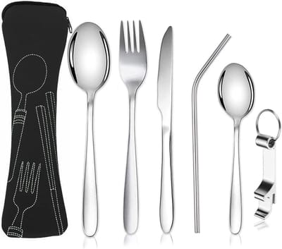 Famanu – 6-delige draagbare camping bestekset van 304 roestvrij staal, inclusief mes, vork, lepel, flesopener en rietjes, ideaal voor outdoor reizen en picknicks