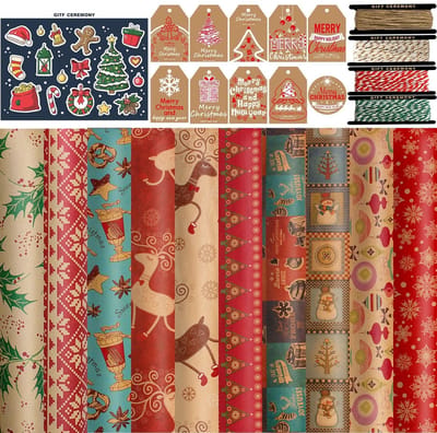 Dailygoods- Cadeaupapierset Hoogwaardige Kwaliteit - 10 Vellen Kraftpapier - 10 Cadeaulabels - 4 Rollen Jute Koord - Recyclebaar - Duurzaam - Cadeaupapier