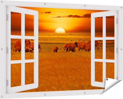 Gards Tuinposter Doorkijk Olifanten in het Wild - Zonsondergang - 150x100 cm - Tuindoek - Tuindecoratie - Wanddecoratie buiten - Tuinschilderij