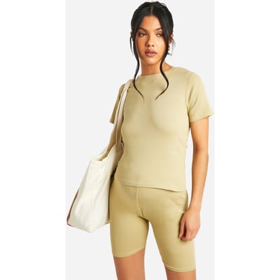 boohoo Dames Zwangerschapsgebreide High-Waist Fietsshorts | Olijf | Maat: 36