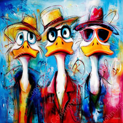 John Joseb Art (Aluminium) 100x100 | Grappige eenden met bril en hoed, humor, abstract, kleurrijk, kunst, vierkant, vogel, dier, eend, kuiken, rood, geel, blauw, wit, modern | foto-schilderij op dibond, metaal wanddecoratie
