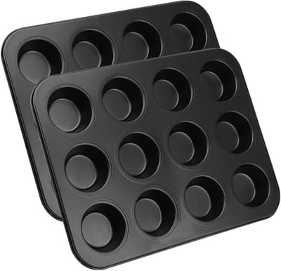 2 Stuks Muffin Bakvorm met 12 Holtes van Koolstofstaal voor Muffins, Cupcakes en Pudding - Zwart