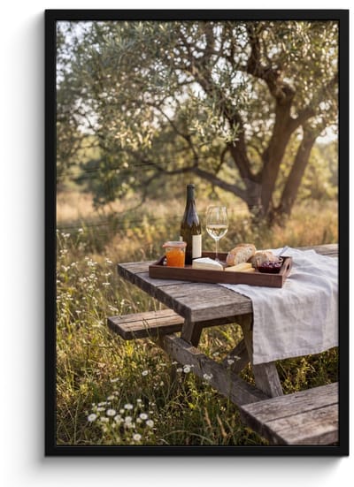 Poster in lijst - Fotolijst 60x90 cm - Posters - Picknick - Wijn - Kaasplankje - Posterlijst zwart - Decoratie - Wanddecoratie woonkamer - Muurdecoratie slaapkamer