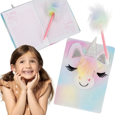 Eenhoorn Pluche dagboek/notitieboek + pen, geschenkset