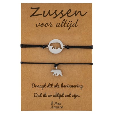 Vriendschapsarmbandjes voor 2 "Zussen voor altijd" - Beertjes - Sisters Armbandjes met Cadeau Kaartje - Zilverkleurig - Elastisch Verstelbaar - Pax Amare