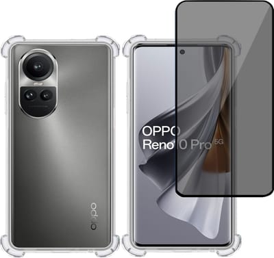 Hoesje + Privé Screenprotector geschikt voor OPPO Reno 10 Pro – Privacy Tempered Glass - Case Transparant