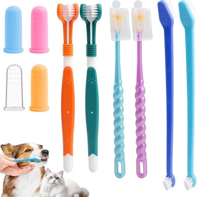 Complete Tandverzorgingsset voor Huisdieren met 2 Driehoofdige Tandenborstels en 4 Vingerborstels voor Honden en Katten, Ideaal voor Medium en Grote Dieren