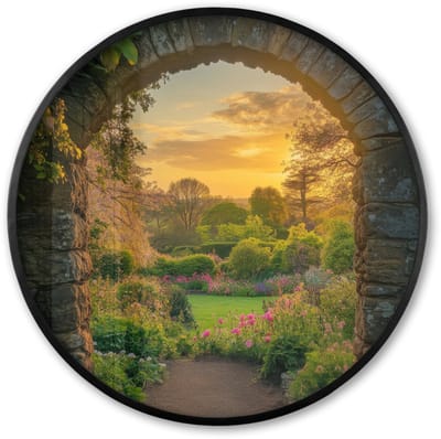 Poster in lijst Rond - Fotolijst 60x60 cm - Posters - Poort - Planten - Zonsondergang - Ronde posterlijst zwart - Decoratie - Wanddecoratie woonkamer - Muurdecoratie slaapkamer
