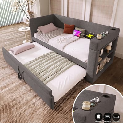 VVBV Slaapbank 90x190 cm - USB-C, Linnen, Grijs, Zonder Matras, Uitschuifbed