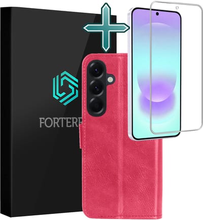 Hoesje Met Screenprotector - Geschikt voor Samsung Galaxy A37 - Luxe Pasjeshouder - Flipcase - Bookcase Portemonee - Flip Case - Kunstleer Book Case - Book Cover - Walletcase - Portemonneehoes - Donkerroze