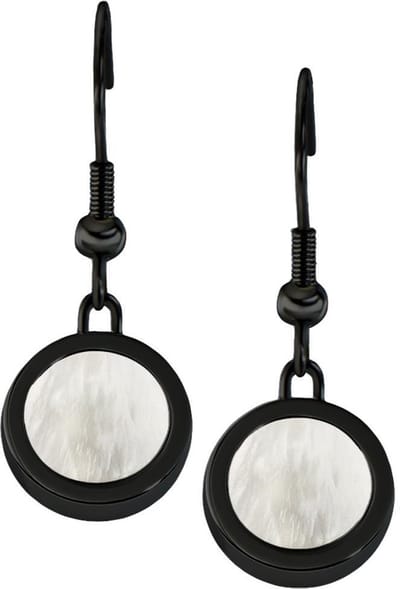Quiges RVS Schroefsysteem Oorhangers Oorbellen Zwart met Verwisselbare Beige Schelp Mini Munt Set - ECOS243