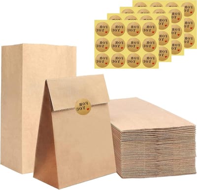 Kleine papieren zakken voor cadeauverpakkingen, 50 stuks kraftpapier, 17 x 9 x 5,5 cm, duurzame zakjes met stickers voor Pasen en Kerstmis, ideaal voor DIY-projecten