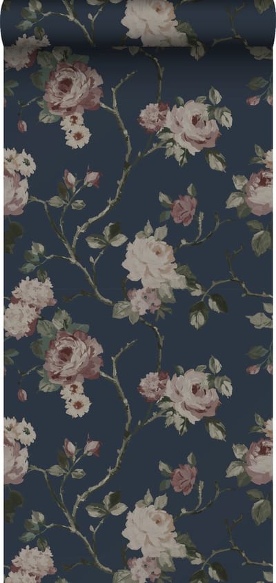 ESTAhome behang vintage bloemen donkerblauw en oudroze - 53 cm x 10.05 m - 139409