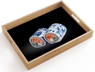 Dienblad hout 40x30 cm - Schootdienblad - Sushi - Delfts blauw - Rijst - Vis - Elegant - Borrelplank rechthoek - Plateau dienbladen