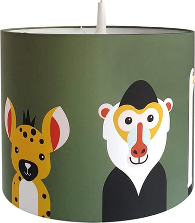 Hanglamp Dieren olijf groen met leeuw, baviaan, struisvogel, hyena, luiaard en gazelle jongenskamer Verlichting diameter 30cm met pendel voor kinderkamer