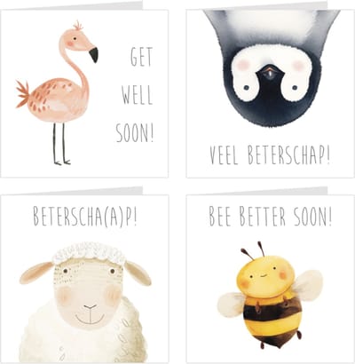 4x Beterschapskaarten / wenskaarten / set kaarten en enveloppen | Beterschap | dieren