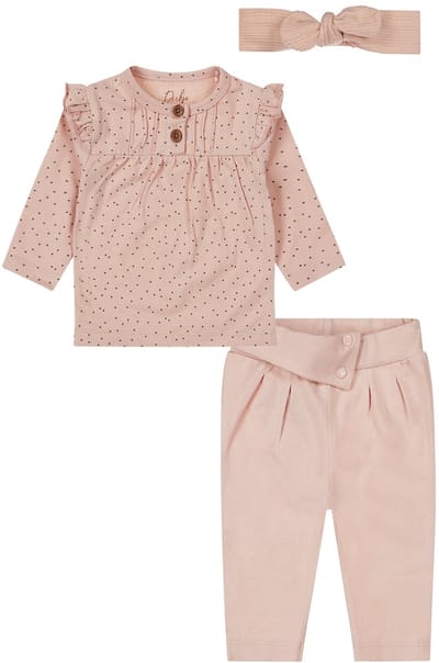 Dirkje - Basic Collection - BIO COTTON - Broek Light Dusty Pink - Shirt Light Dusty Pink met stipje - met haarbandje - Maat 50