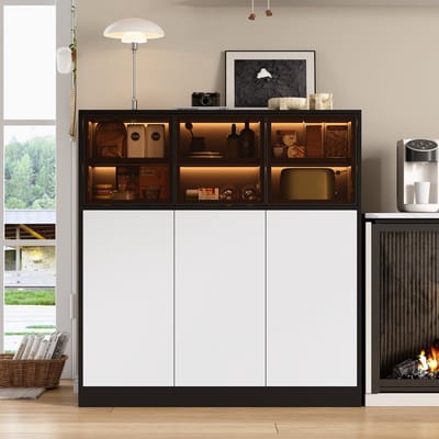 MIVRAY Opbergkast - Met LED Verlichting En 6 Deuren - Voor Woonkamer Keuken En Eetkamer - Glas En Spaanplaat - 100x40x105 Cm