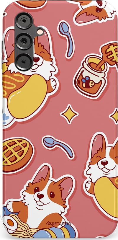 Casetastic Hoesje Geschikt voor Samsung A14 (5G/4G) - Stijlvolle Beschermende Duo-layer Case - Corgi snacks