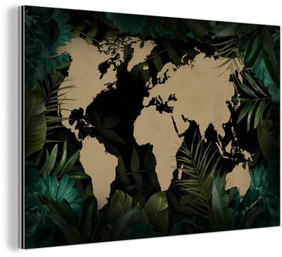 Aluminium schilderij 180x120 cm - Wanddecoratie metaal - Wereldkaart - Zwart - Planten - Metalen muurdecoratie woonkamer - Decoratie industrieel - Foto op dibond - Industriële accessoires slaapkamer