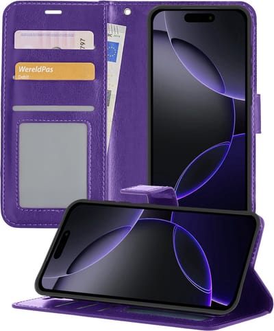 Hoesje - Geschikt voor Apple iPhone 16 Pro - Luxe Bookcase - Walletcase Hoes - Portemonnee - Cover - Telefoonhoes - Paars