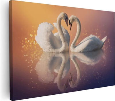 Artaza Canvas Schilderij Zwanen Hart - 60x40 cm - Wanddecoratie Vogels - Muurdecoratie Liefde - Schilderijen Op Canvas