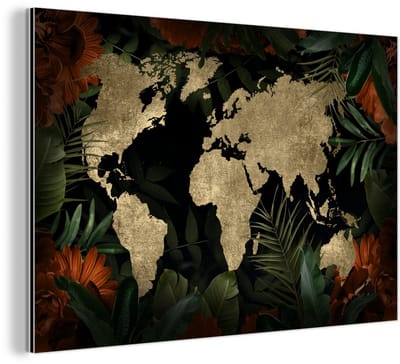 Aluminium schilderij 150x100 cm - Wanddecoratie metaal - Wereldkaart - Vintage - Bladeren - Metalen muurdecoratie woonkamer - Decoratie industrieel - Foto op dibond - Industriële accessoires slaapkamer