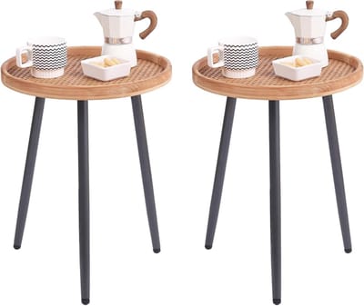 2x Ronde Rotan Bijzettafel Set - Houten Salontafel & Nachtkastje voor Woonkamer, Slaapkamer of Kleine Ruimte
