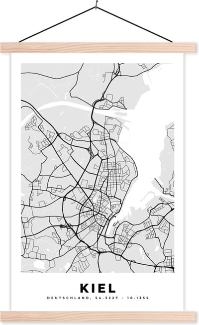 Posterhanger incl. Poster 40x60 cm - Schoolplaat - Stadskaart - Plattegrond - Kiel - Kaart - Duitsland - Textielposter - Blanke latten - Stadskaart
