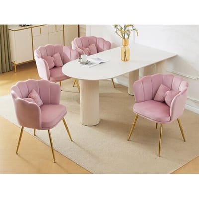ModernLuxe Set van 4 Velvet stoelen - met bloemblaadjevormige rugleuning - goud metalen poten - Roze