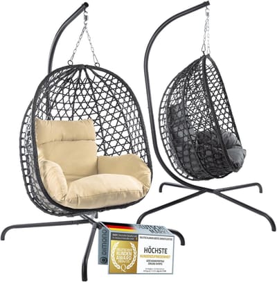 Hangstoel met frame - Eischommel relaxstoel - Buiten relaxen - Robuust polyrattan staal - 195 x 102 cm - Beige